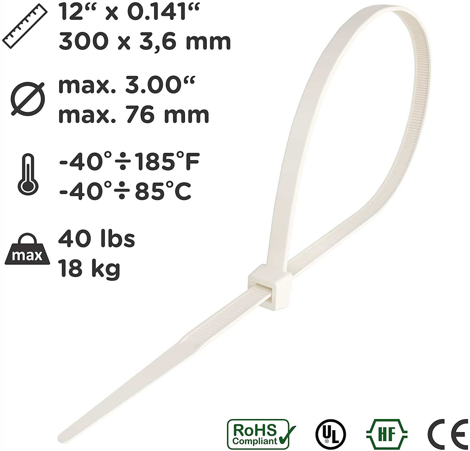 Kabelbinder 300mm x 3,6mm, Nylon, weiß, 100 Stück – intervisio Shop